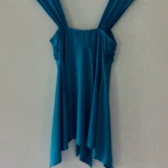Teal Blue Flowy Asymmetric Hemline Sleeveless Top/Blouse - Picture 2 of 5